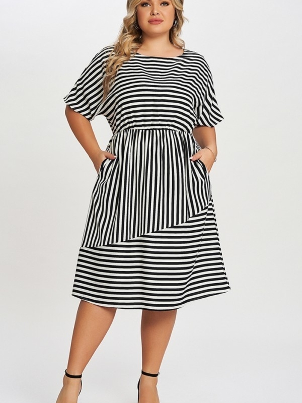 Striped Elasticized Waistband Slit Pocket Pullover Shortsleeve Shirtdress Sz 3X